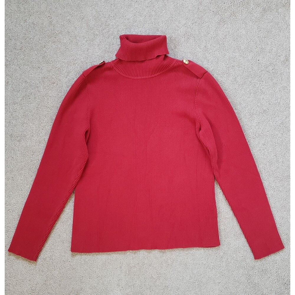 Ralph Lauren Women's Knit Sweater Turtle Neck Shoulders Gold Botton Red Large
